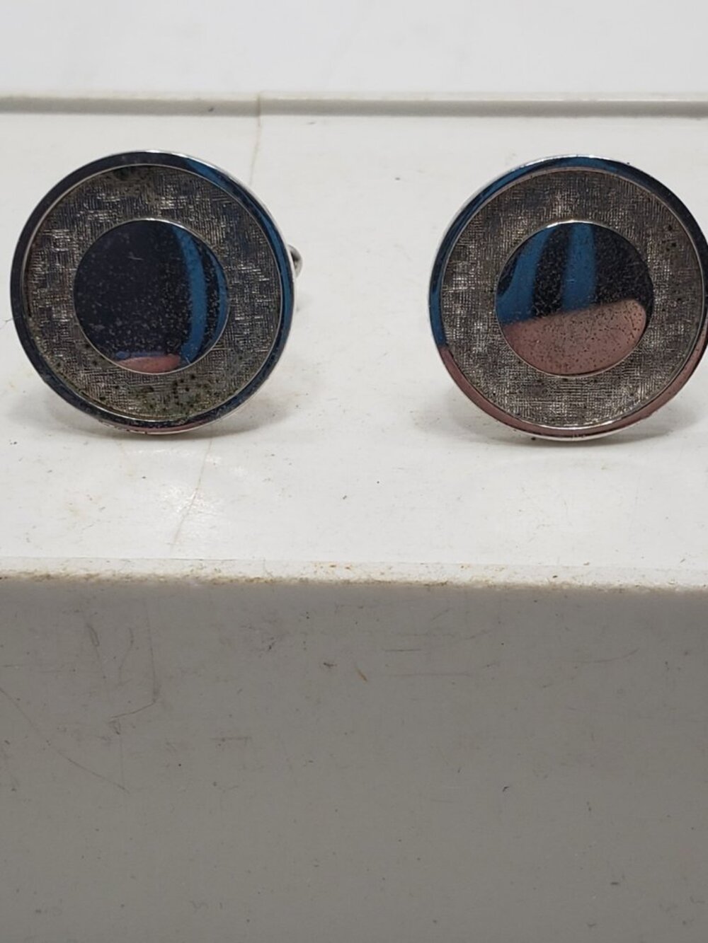 Vintage Silver Tone Round Concave Cufflinks Modernist Minimalist Pair Set